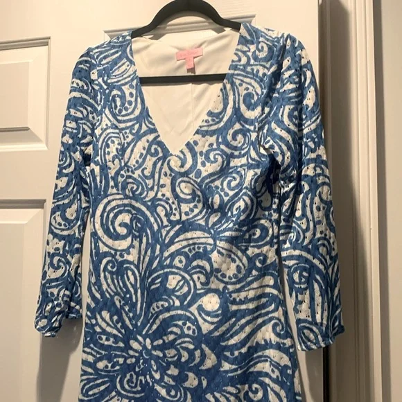 LILLY PULITZER‎ Jade Resort Blue White Current Affair Crochet Tunic Dress Small